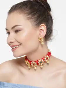 Anouk Red Stone-Studded Braided Necklace & Earring