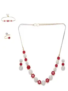 Anouk Gold-Plated Red Stone-Studded Necklace & Earring With Ring & Bracelete