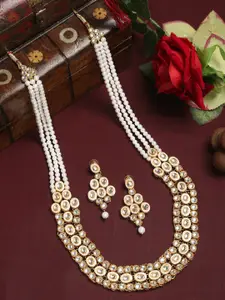 Anouk Gold-Plated & White Kundan Studded & Beaded Necklace & Earrings