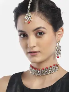 Anouk Gold-Plated & Red Stone Studded & Beaded Necklace & Earrings