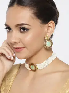 Anouk Gold-Plated & Green Beaded Enamelled Necklace & Earrings