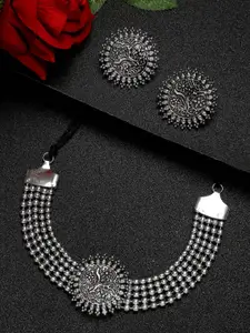Anouk Silver-Toned Oxidised Beaded Necklace & Earrings