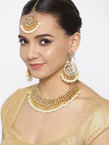 Anouk Gold-Plated & Cream Stone Studded & Beaded Necklace & Earrings