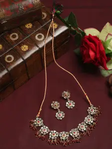 Anouk Gold-Plated Red & White Stone Studded & Beaded Necklace & Earrings