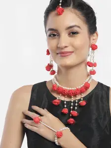 Anouk Red Beaded Floral Necklace & Earrings With Maang Tika Ring Bracelet