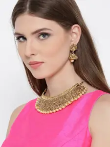 Anouk Gold-Plated Cream-Coloured Stone-Studded & Beaded Necklace & Earrings
