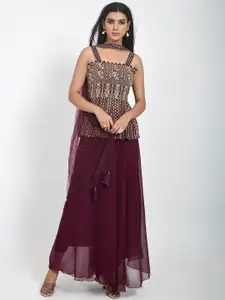 KALINI Women Maroon Embroidered Regular Sequinned Kurta with Skirt & With Dupatta