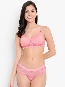 KYODO Self Design Laced Full- Coverage Non-Padded Bra With Briefs KYODO_BR_PAN_Set_Pink
