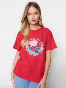 Trendyol Floral Printed Drop Shoulder Sleeves Pure Cotton T-shirt