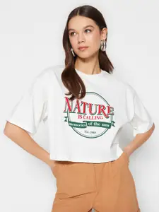 Trendyol Typography Printed Drop-Shoulder Sleeves Pure Cotton T-Shirt