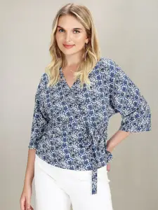 U.S. Polo Assn. Women V-Neck Floral Printed Wrap Top