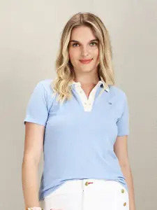U.S. Polo Assn. Women Vertical Striped Polo Collar Cotton T-Shirt