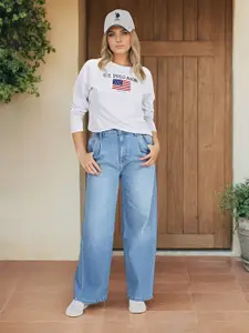 U.S. Polo Assn. Women Typography Printed Drop Shoulder Sleeves Cotton T-shirt