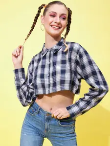 CHIMPAAANZEE Relaxed Fit Tartan Checked Cropped Casual Shirt