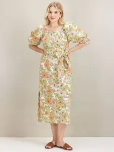 U.S. Polo Assn. Women Floral Printed Puff Sleeves Cotton Midi Dress