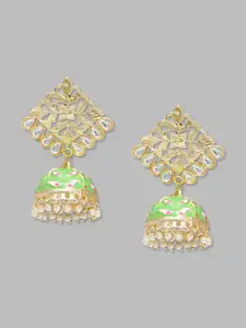 Globus Gold-Toned And Green Gold-Plated Kundan-Studded Dome Shaped Jhumkas