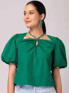 FabAlley Green Tie-Up Neck Puff Sleeve Cotton Top
