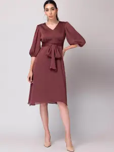 FabAlley Brown V-Neck Georgette A-Line Dress