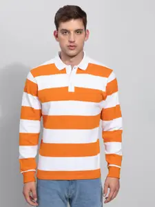 Snitch White & Orange Striped Long Sleeve Cotton Polo T-shirt