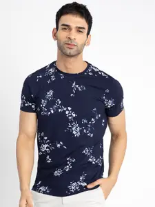 Snitch Navy Blue Floral Printed Cotton T-shirt