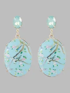 Globus Gold-Plated & Blue Artificial Stone-Studded Oval Drop Earrings