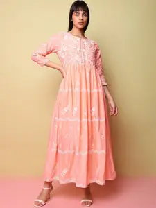 Indifusion Floral Embroidered Cotton Fit & Flare Maxi Dress