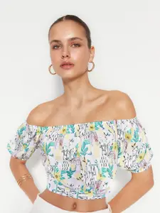 Trendyol Floral Printed Off-Shoulder Bardot Crop Top