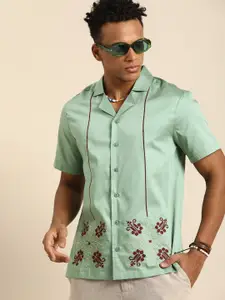 Sangria Men Classic Ethnic Motifs Embroidered Cuban Collar Casual Shirt