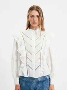 Trendyol Mandarin Collar Ruffles Pure Cotton Casual Shirt