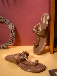 Anouk Women Rose Gold Leather One Toe Flats With Bows