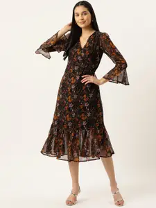 VAABA Floral Print Bell Sleeve Georgette Midi Dress