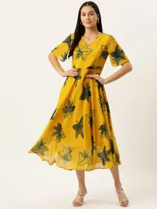 VAABA Floral Print Flared Sleeve Georgette A-Line Midi Dress