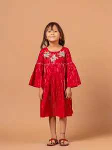 Sangria Floral Embroidered Bell Sleeve Pure Cotton A-Line Dress
