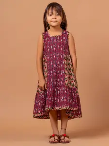 Sangria Girls Red & Blue Ajrakh Printed Pure Cotton A-Line Dress