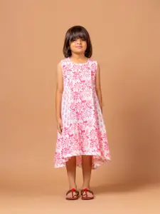 Sangria Girls Pink Floral Printed Pure Cotton Dress