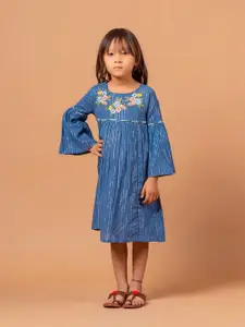 Sangria Rihanna Girls Blue Embroidered Bell Sleeves Pure Cotton Dress