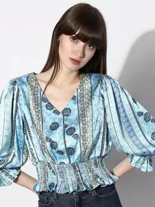 Vero Moda Floral Printed Puff Sleeves Smocked Cinched Waist Top