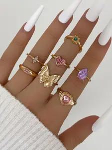 Shining Diva Fashion Women Set Of 7 Gold-Plated Crystals-Studded Rings