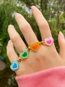 Shining Diva Fashion Set Of 4 Gold-Plated Enamelled Finger Rings