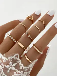 Shining Diva Fashion Set Of 9 Gold-Plated Crystals-Studded Rings
