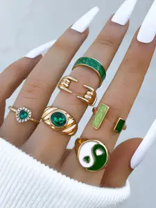 Shining Diva Fashion Set Of 6 Gold-Plated Stone-Studded Finger Rings