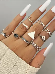 Shining Diva Fashion Set Of 10 Silver-Plated Rings