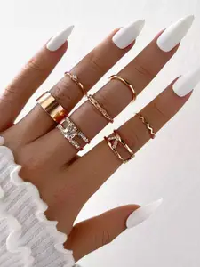 Shining Diva Fashion Set Of 7 Gold-Plated Stone-Studded Finger Rings