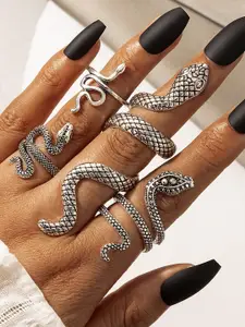 Shining Diva Fashion Set Of 4 Silver Plated Snake Finger Rings