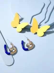 Rubans Voguish Set Of 2 Gold-Plated Heart And Butterfly Shaped Studs Earrings