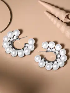 Rubans Voguish Silver-Plated Pearl Studded Geometric Half Hoop Earrings