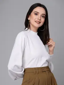 Style Quotient White High Neck Puff Sleeves Top