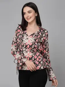 Style Quotient Pink Abstract Printed V-Neck Crepe Wrap Top