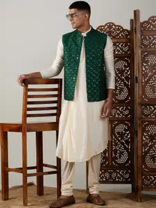VASTRAMAY Pleated Kurta With Churidar & Embellished Nehru Jacket