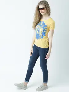 Huetrap Women Yellow Printed Round Neck T-shirt